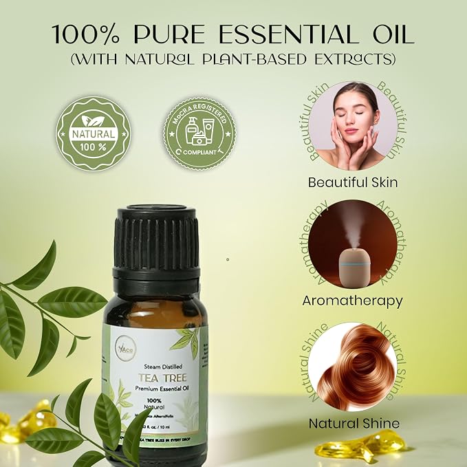 My ACE Tea Tree Essential Oil 0.33 Fl Oz - Pure & Natural - Premium Grade for Aromatherapy, Diffuser, Skin, Hair, Massage, Candle & Soap Making, Home - Glass Bottle with Dropper - Long Lasting Scent