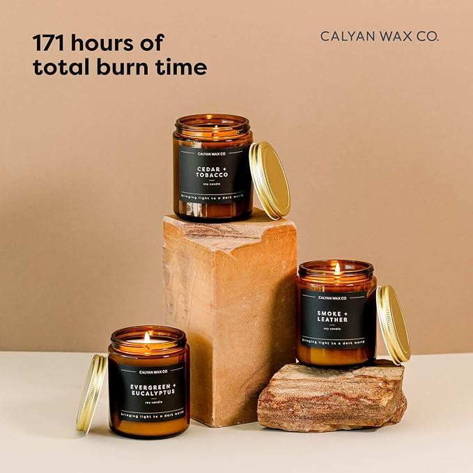 Calyan Wax Co. Masculine Scented Candle Gift Set - 3 Scented Candles - 57 Hour Burn - Luxury Clean Soy Wax Candles - Long Lasting Amber Glass Jar Candle for Home - 7.2oz