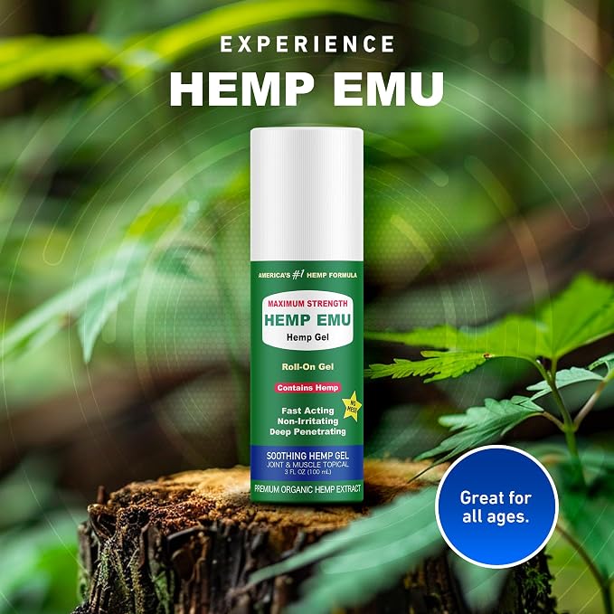 Hemp Emu - Hemp Roll On Gel - Muscle Rub for Back & Joint Discomfort - Soothing Gel with Organic Hemp Oil, Emu Oil, Menthol, Eucalyptus, Aloe Vera