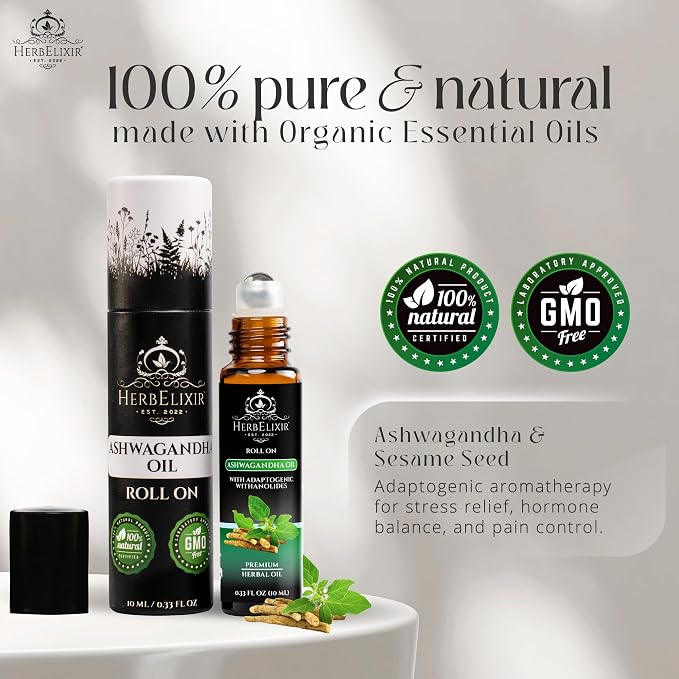 Ashwagandha Oil Roll-On (10ml) – Topical Adaptogenic Relief for Stress, Calm & Hormone Balance – Withanolides Aromatherapy Oil