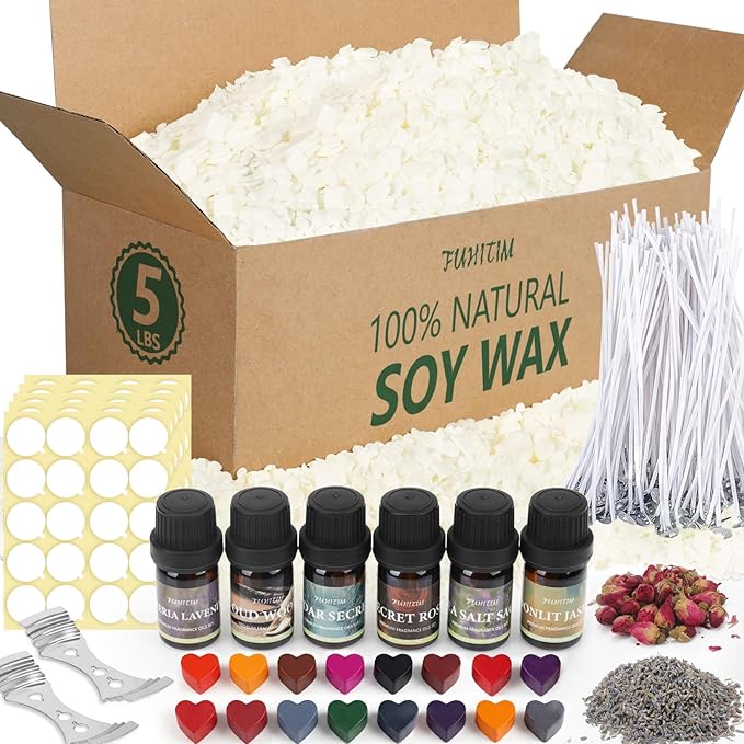 FUHITIM Soy Candle Wax Kit for Candle Making 5 lbs Bag, Premium Natural Soy Wax Flakes, No additives and Pure, 100 Cotton Candle Wicks, Fragrance Oils, Dried Flowers & Pigment Colors