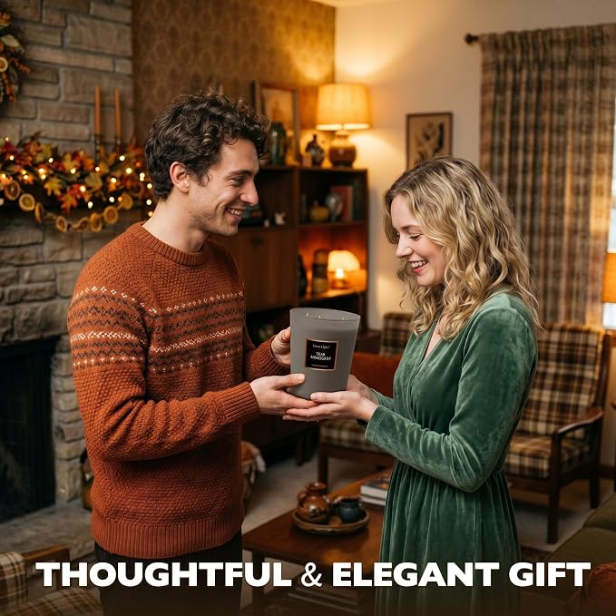 HomeLights Premium Scented Candles - 33.3 oz Natural Soy Wax, Aromatherapy for Home, Long Lasting Smokeless, 130 hrs Burn Time, 3 Cotton Wicks, Gifts for Women & Men - Teak Mahogany