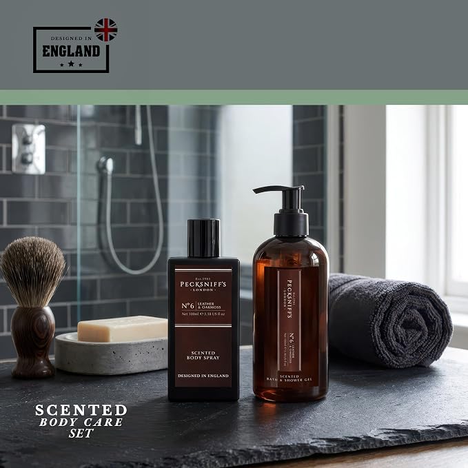 Pecksniff’s Men’s Body Duo Set – Leather & Oakmoss Scented Bath & Shower Gel 250ml & Body Spray 100ml – Luxury Grooming Gift Set for Him