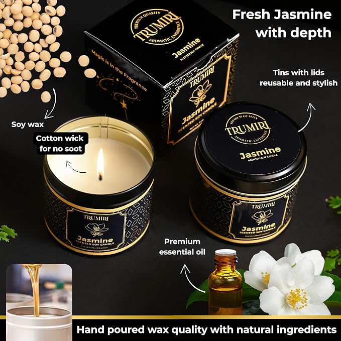Jasmine Candle Strong Scented Soy Candel Clean Non Toxic Velas Aromáticas for Women Gift for Diwali Pack of 3 5Oz Decorative Tin Jars with Lids