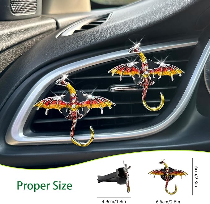 ORIESSE Dargon Car Accessories,Fire Dragon Air Vent Clips Car Air Freshener,2pcs Bling Red Yellow Enamel Wyvern Dashboard Decorations,Refillable Outlet Diffuser