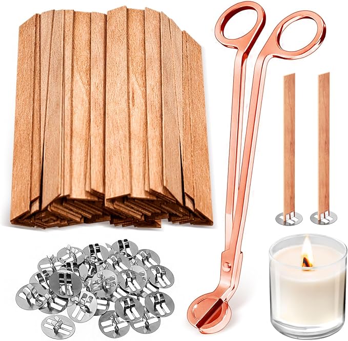 100 Pcs Thickened Wood Wicks, Wood Wicks for Candles Making with Wick Trimmer, Candle Wicks 5.1×0.5×0.04 Inches for DIY Candle-Making, Long Lasting Flame, Easy to Burn (50 Sets)