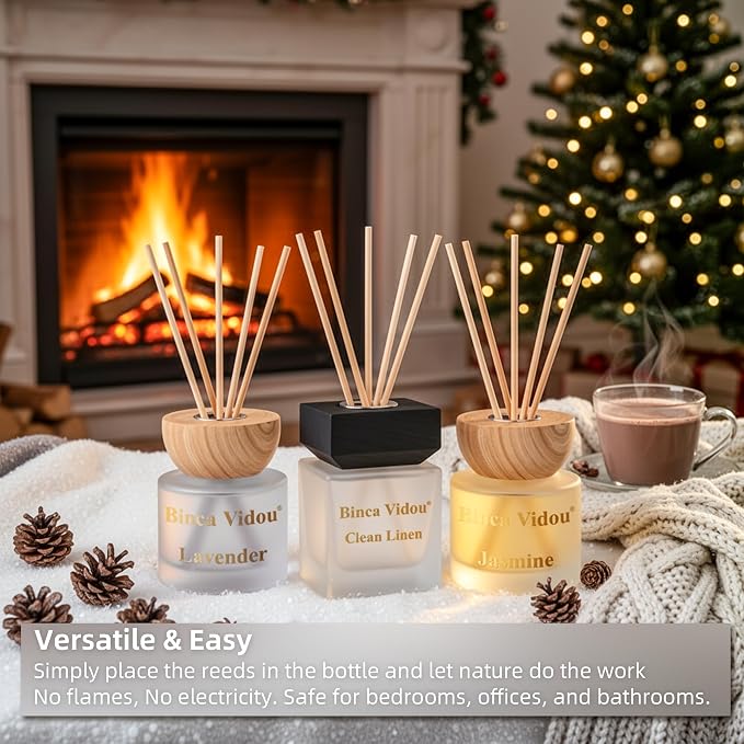 Reed Diffuser Set of 3, Binca Vidou Natural Scent Oil Diffusers with Sticks for Home Office Bathroom Aromatherapy Decor 3.38oz x 3(Lavender, Linen & Jasmine)