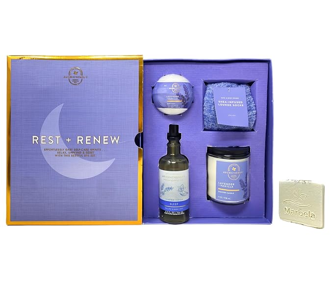 Bath & Body Works Aromatherapy Rest + Renew: Lavender & Vanilla Gift Box Set - Single-Wick Candle, Pillow & Body Mist, Bath Fizzy and Shea-Infused Lounge Socks - with a Natural Oats Sample Soap