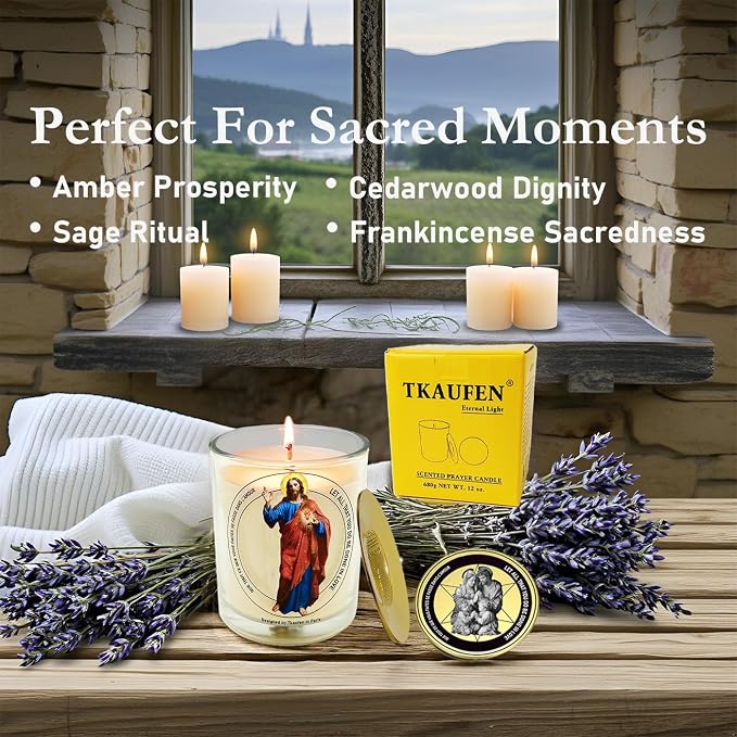 Sacred Heart Jesus Frankincense Sage Scented Candle 50 Hours with Warmer Ring│Hand-Poured Soy Wax│Family Protection, Success, Redemption, Healing, Forgiveness│Design in Paris│3“×3.6”