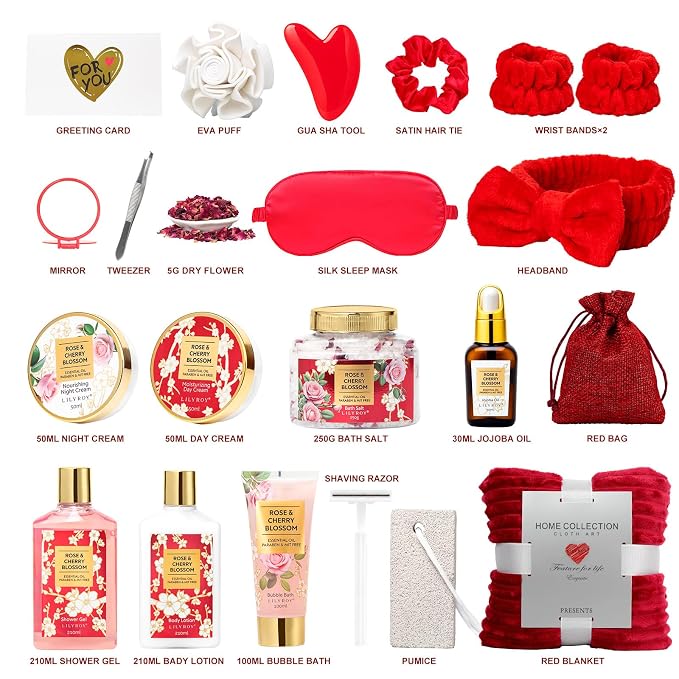 23Pcs Spa Skin Care Gifts Birthday Gift, Perfect Rose Red Gift Set for Women