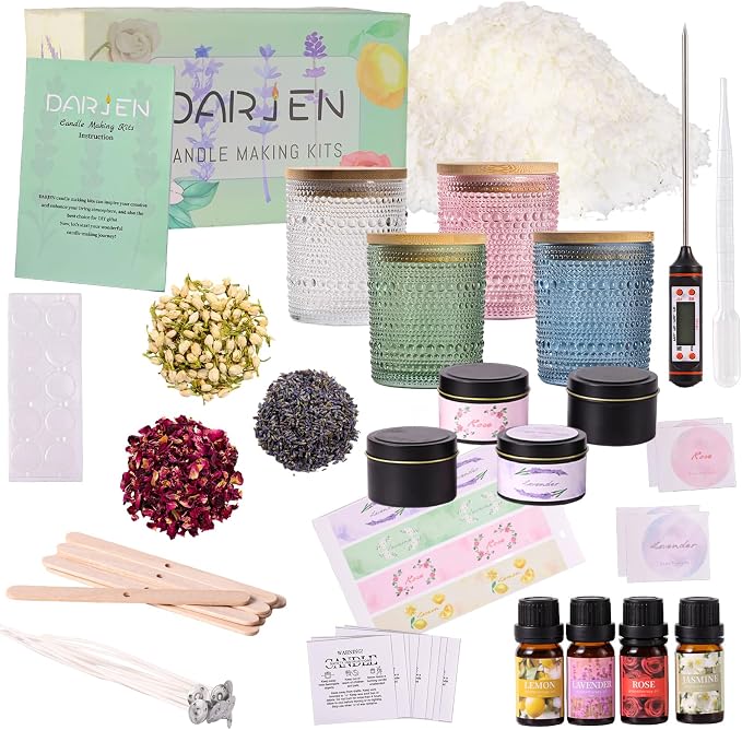 DARJEN Candle Making Kits for Adults - Candle Making Supplies with 4 Candle Jars(Clear, Pink, Blue, Green), Candle Tins, Soy Wax, Scents, Dried Flower & More, DIY Starter Candle Making Kit Home Decor