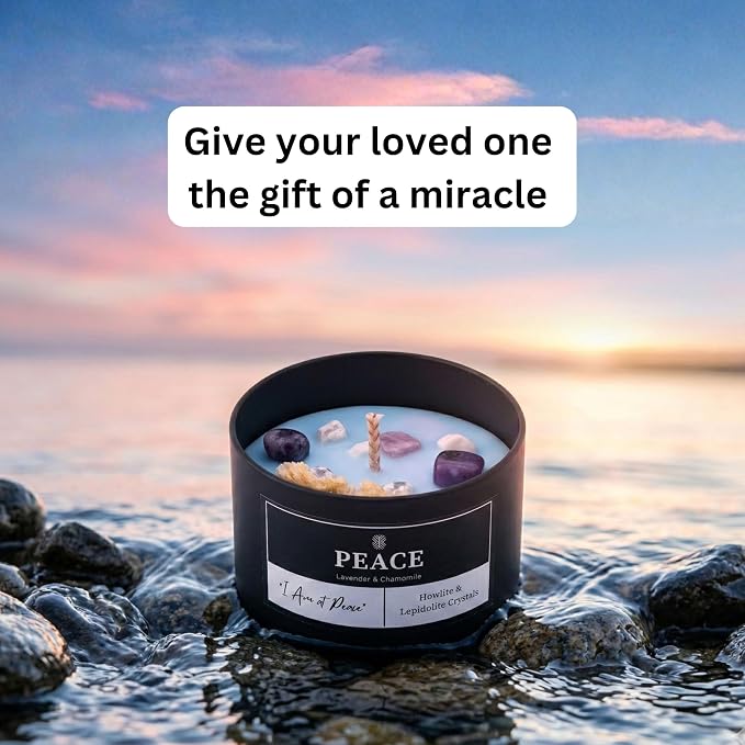 Peace Crystal Candle for Meditation and Room Decor, 8oz, Infused with Howlite & Lepidolite Crystals, Lavender & Chamomile Essential Oil Scented Candles, Non Toxic Soy Wax Blend for Stress Relief