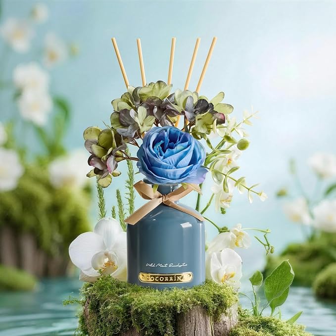 COCORRÍNA Reed Diffuser Set, 6.7oz Flower Reed Diffuser with Sticks,Wild Mint & Eucalyptus Essential Oil, Long Lasting Home Fragrance for Bathroom, Bedroom & Shelf Decor, Aesthetic Gift for Women