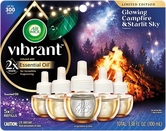 Air Wick Vibrant Plug-In Scented Oil Refills, 5 Count, Glowing Campfire & Starlit Sky, Air Freshener, Essential Oils