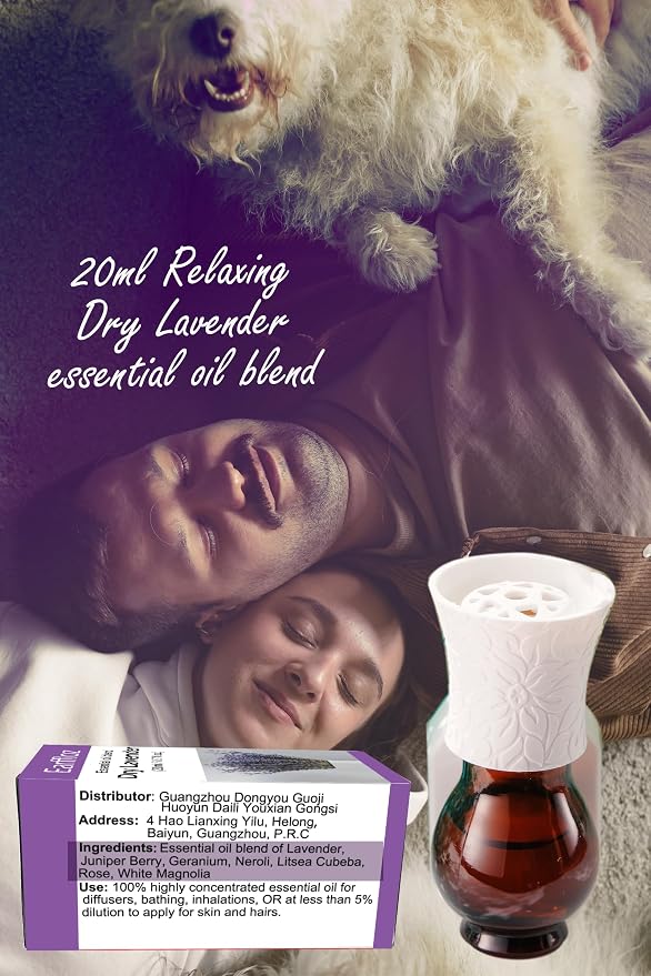 Plug Warmer + Deep Relax Essential Oil Blend Dry Lavender (0.7 floz), 20 Days’ Not Artificial Non-Toxic No-Added-Chemical Natural Plug in Air Freshener Starter Kit for Sleeping Reading Yoga