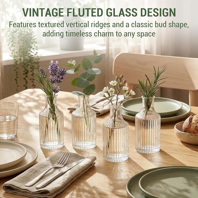 MyGift Small Clear Glass Reed Diffuser Bottles with Cork Lids, Vintage Fluted Flower Bud Vase Style, Refillable Home Fragrance Containers, Set of 4
