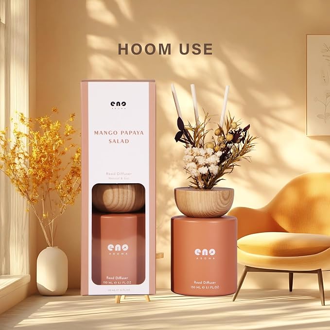 Reed Diffuser Set with Dried Flowers, 5.1 fl oz / 150ml, Mango Papaya Salad - Home Fragrance Diffuser with Sticks for Bathroom Shelf Decor, Bedroom, Office & Gift