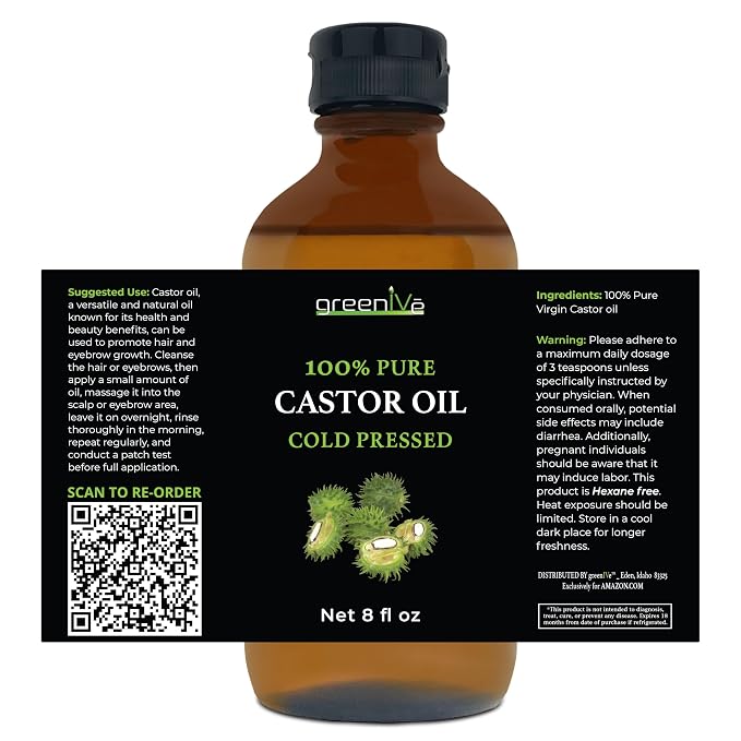 GreenIVe 100% Pure Castor Oil – Cold-Pressed, Hexane-Free – Hair, Eyebrows, Eyelashes, Skin Moisturizer, Castor Pack Wrap Oil GLASS Bottle (8 Fl Oz)