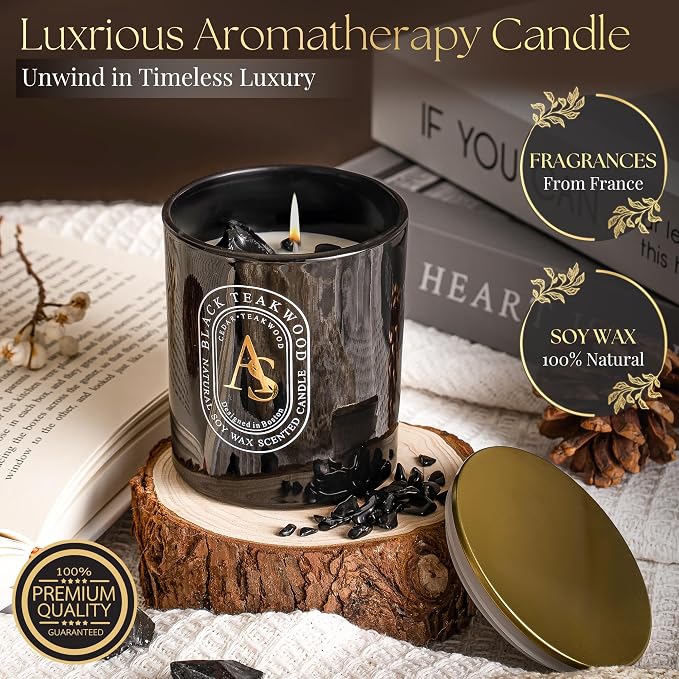 Scented Candle for Men with Luxurious Obsidian Bracelet, Teakwood for Home Scented, Hand-Poured Natural Soy Wax, Stress Relief Masculine Gift for Men, Dad, Boyrfriend, Powerful Manifestation Crystals