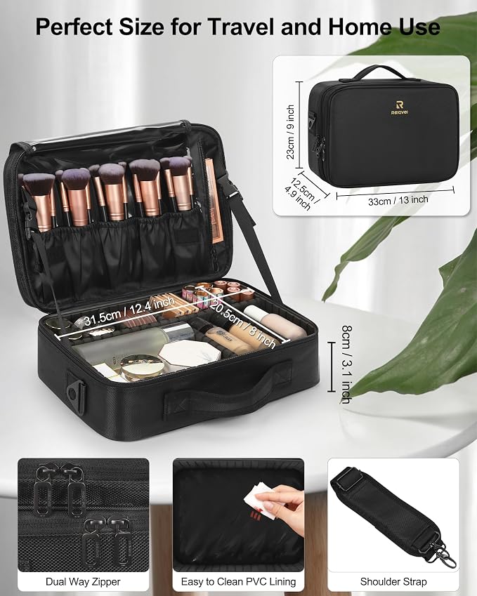 Relavel Makeup Bag Train Case for Women Travel Cosmetic Organizer with Adjustable Dividers and Brush Compartment, Large Storage Box for Cosmetics, Toiletries, Nail Polish, Jewelry, Electronic (Black)