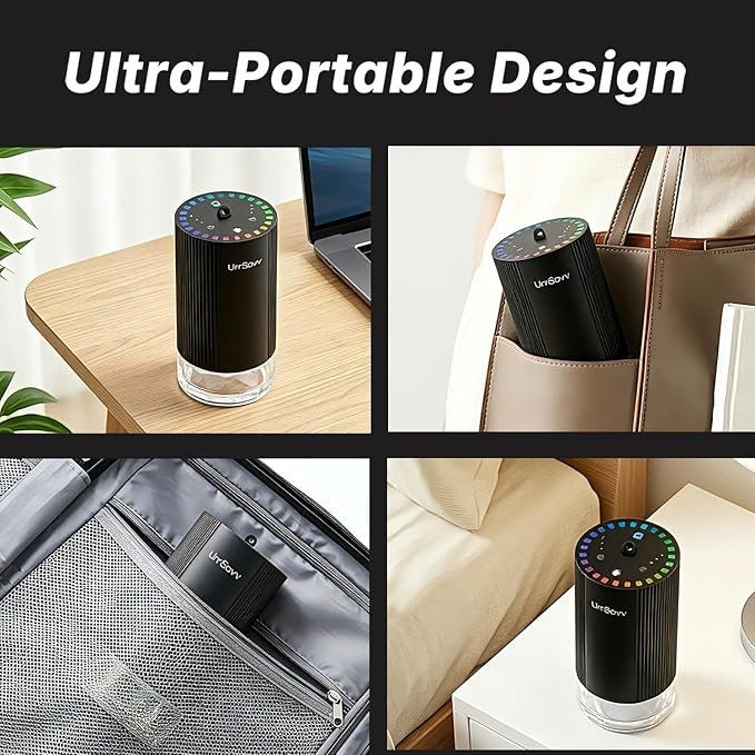 UrrSovv Car Diffuser for Essential Oils Cordless Waterless Battery Operated Car Diffuser Portable 60ML Air Freshener Wireless Diffuser 3 Timers & 3 Mist Levels for Car Home Bedroom Travelling (Black)