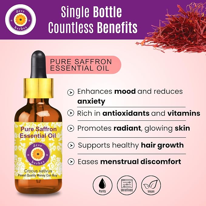 dève herbes Saffron Essential Oil (Crocus sativus) with Glass Dropper | Pure | Non-Sticky | Non-Greasy | Lightweight | Men & Women | All Skin Types | Steam Distilled 2ml (0.06 oz)