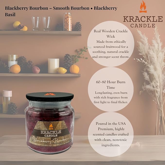 Krackle Candle | BlackBerry Bourbon | 16 oz Scented Candle with Natural Crackling Wooden Wick | Poured in the USA | Smooth Bourbon & BlackBerry Basil Fragrance