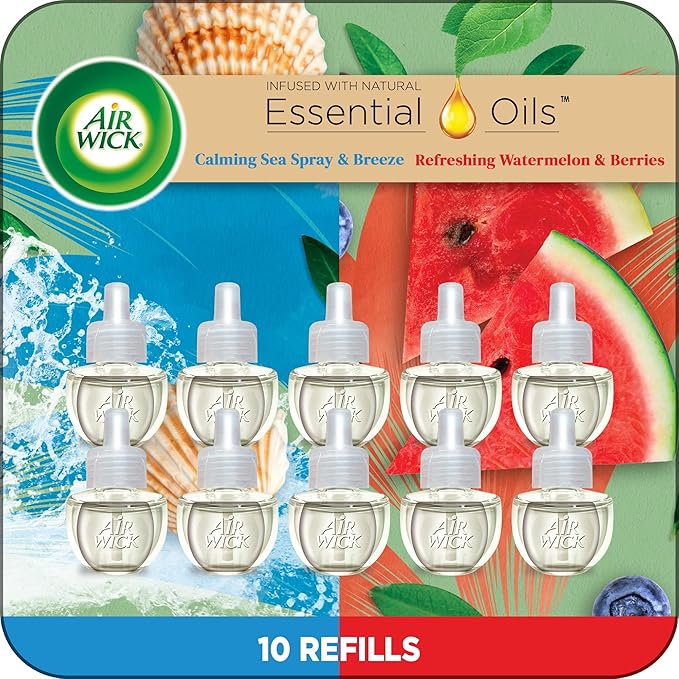 Air Wick Plug-In Scented Oil Refills, 10 Count, Calming Sea Spray & Fresh Watermelon, Air Freshener, Essential Oils, Eco Friendly