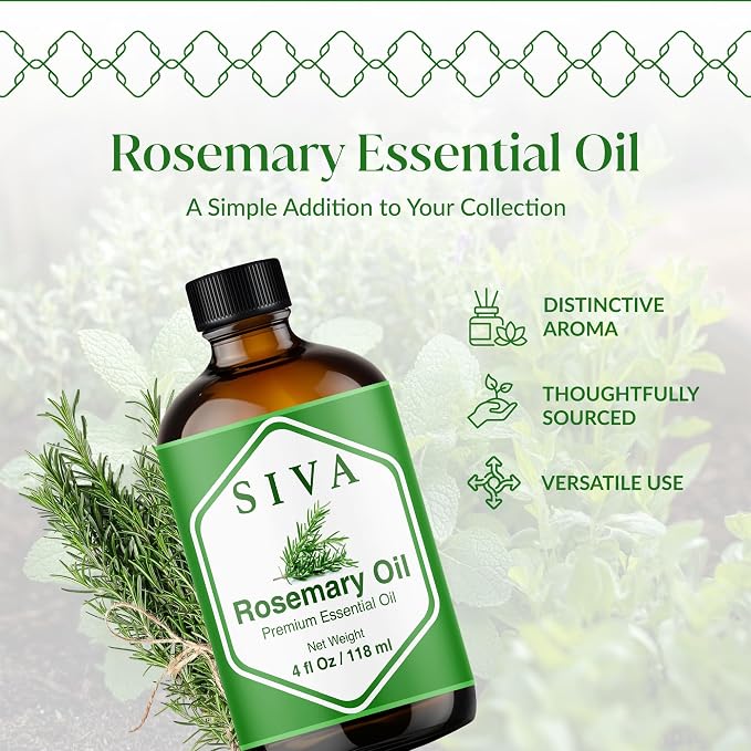Siva Rosemary Essential Oil 4 Fl Oz – for Diffuser, Skin & Hair Care – Ideal for Aromatherapy, Massage & DIY Blends- with Dropper