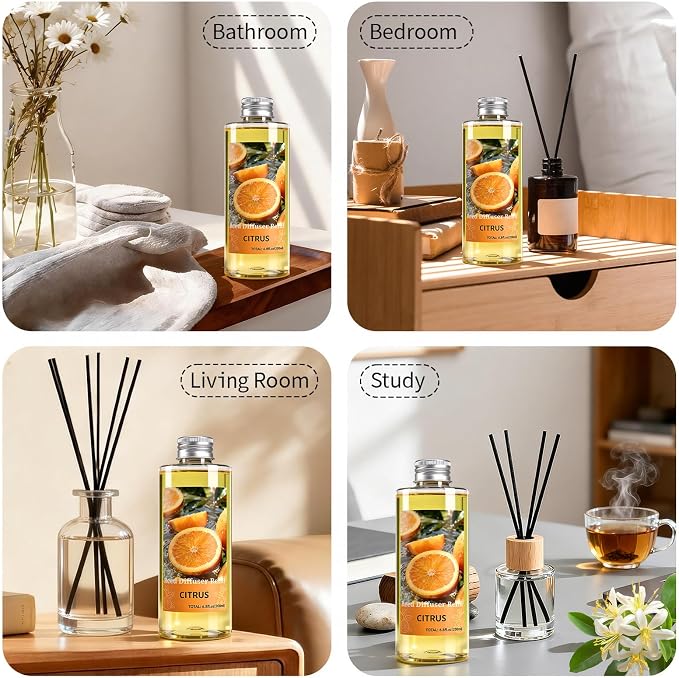 STRN Reed Diffuser Oil Refill, Citrus Scented Diffuser Oil Refills with 6 Reed Sticks 200ML(6.8fl.oz), Room Fresheners for Home, Long-Lasting Summer Fragrance for Living Room, Bedroom, Office