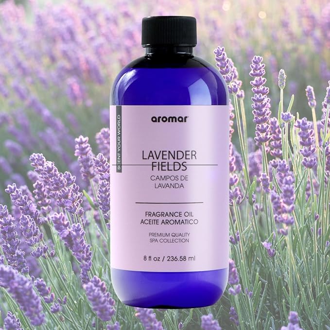 AROMAR Premium Fragrance Oil, Long-Lasting, Refreshing Uplifting Aroma for Aromatherapy, Relaxation & Household Uses. Lavender Fields - 8oz