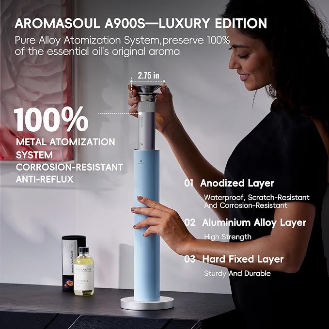 Wireless Rechargeable Hotel Scent Diffuser Kit - 1500 Sq Ft Coverage, Alloy Atomization System,App Control,Waterless Oil Diffuser, Including 6×15ml Essential Oils, for Home,Large Room,Spa, Pastel Blue