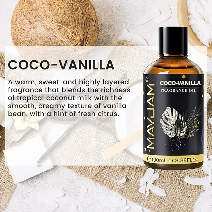 Coco-Vanilla Fragrance Oil Essential Oil, MAYJAM 3.38FL.OZ Coconut Vanilla Oil for Diffusers for Home, Long Lasting Scented Oils for Soap Candle Making - 100ML