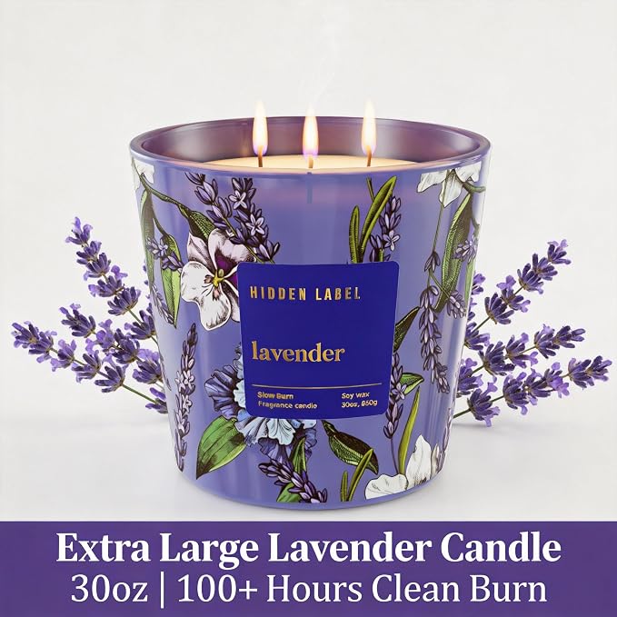 Hidden Label Extra Large Lavender Candle, 30oz 3-Wick Soy Wax, 100H Burn | Even Burn | 100H Long Lasting | Premium Lavender Aromatherapy | Stress Relief & Sleep | Non-Toxic Soy Wax