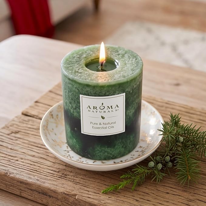 Aroma Naturals Holiday Juniper, Spruce and Basil Essential Oil Pillar Candle, Fresh Forest, 3 inch x 3.5 inch