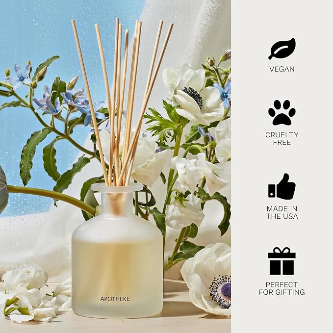 Apotheke Luxury Scented Reed Diffuser for Home, Canvas - 6.7 Fl Oz Essential Oil Aromatherapy - 10 Rattan Scent Sticks Room Diffuser - Long-Lasting Fragrance for Bedroom, Home, Bathroom