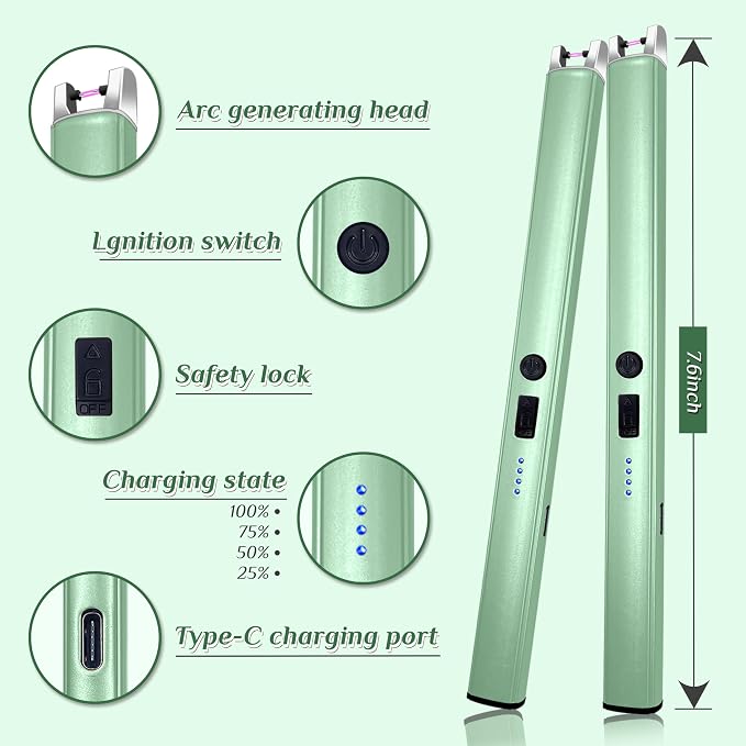 2 PCS Candle Lighter,Windproof Flameless Electric Lighter with LED Power Display ＆ Safety Switch, Upgraded Plasma USB Rechargeable Lighters for Birthday Camping BBQ (Green)