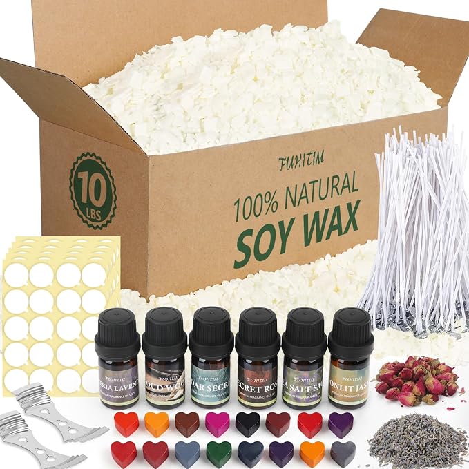 FUHITIM Soy Candle Wax Kit for Candle Making 10 lbs Bag, Premium Natural Soy Wax Flakes, No additives and Pure, 100 Cotton Candle Wicks, Fragrance Oils, Dried Flowers & Pigment Colors
