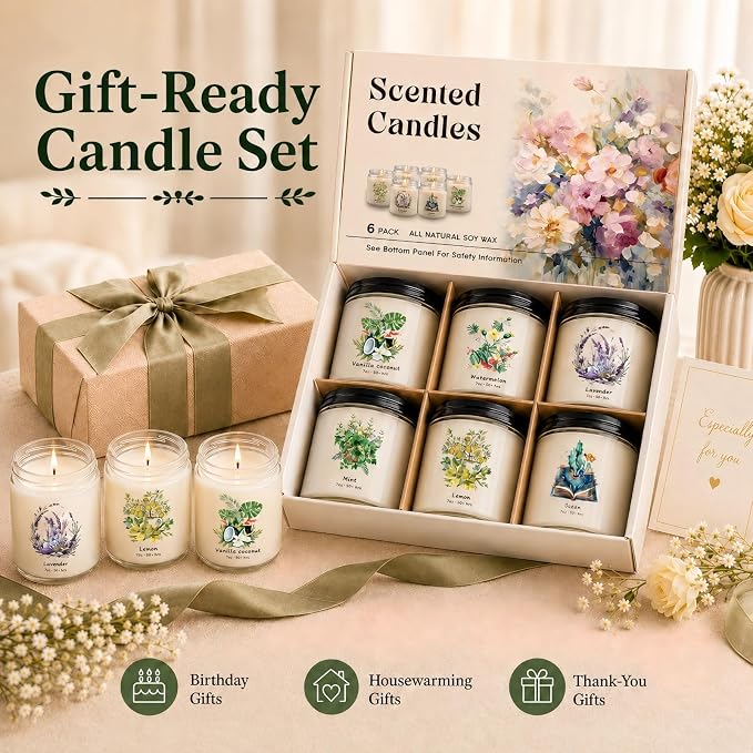 6 Pack Scented Candles Gift Set for Women, Soy Wax Jar Candles for Home, 37.8 oz Total Up to 300 Hours Burn Time, Fresh Scents, Lavender Lemon Mint Ocean Watermelon Vanilla Coconut