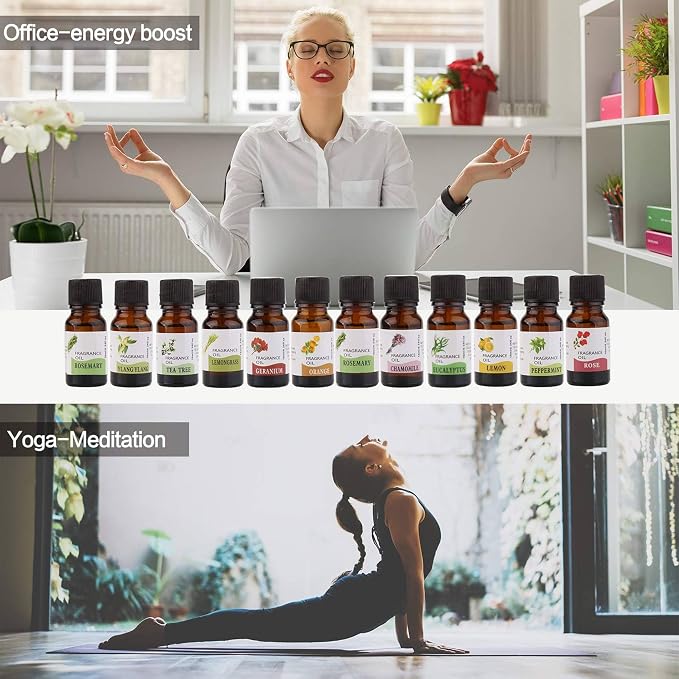 Premium 12-Bottle Aromatherapy Essential Oil Set -Therapeutic, Relaxation, Wellness, Diffuser, Massage & DIY Chamomile, Rosemary, Peppermint, Rose, Tea Tree, Eucalyptus, Geranium, Ylang Ylang