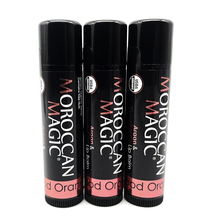 Moroccan Magic Organic Blood Orange Lip Balm 3 Pack | Ultra-Hydrating Argan & Essential Oil Lip Moisturizer + Vitamin E | Natural Chap Stick for Dry Lips | Smooth, Non-Toxic | Organic Lip Balm
