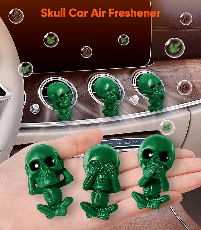Skull Car Air Freshener Vent Clips, Goth Decor Interior, Gothic Halloween Cool Decoration Horror Skeleton Dashboard Accessories Spooky, Cute Funny Gifts for Men Women