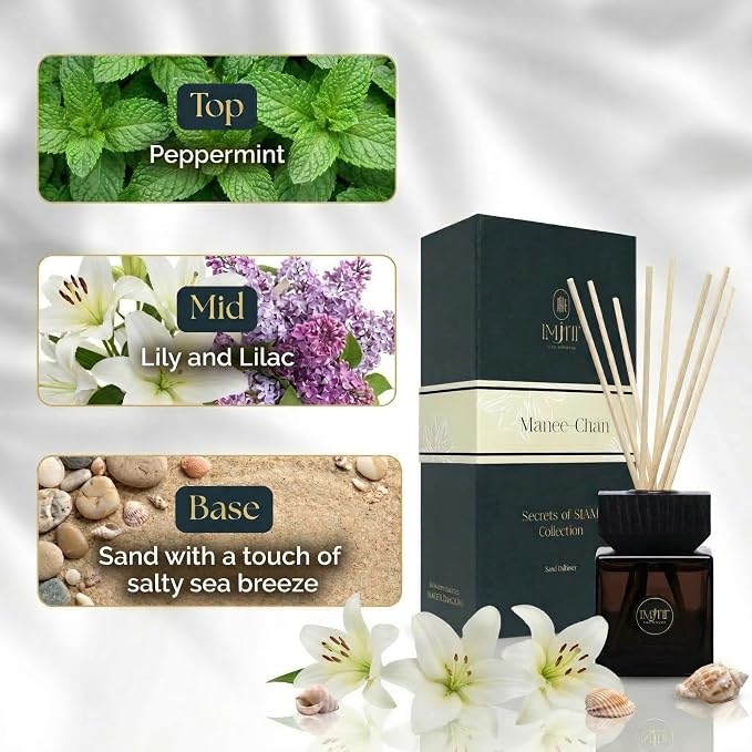 Manee-Chan by IMJITT: Authentic Thai Aromatherapy Diffuser & Premium Reed Diffuser Set for Home. Refreshing Peppermint, Lily, and sea Breeze Scent to Create an Elegant, Relaxing Ambient Fragrance.