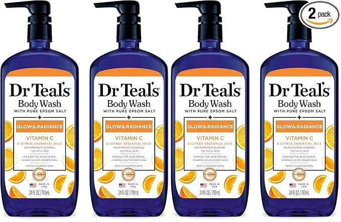 Dr Teal's Body Wash with Pure Epsom Salt, Glow & Radiance with Vitamin C & Citrus Essential Oils, 24oz (Pack of 4)
