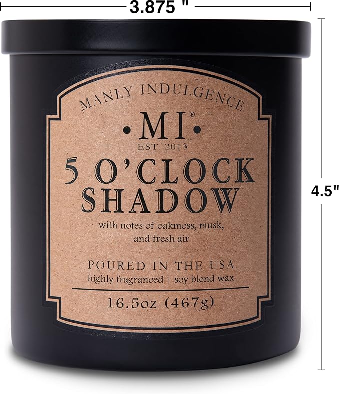 Manly Indulgence 5 O'Clock Shadow Scented Candle for Men 16.5 oz | 2 Wick & 2X Intense Fragrance | Oakmoss, Musk & Fresh Air | Up to 60 Hour Burn, Soy Blend Wax, USA Poured, Black