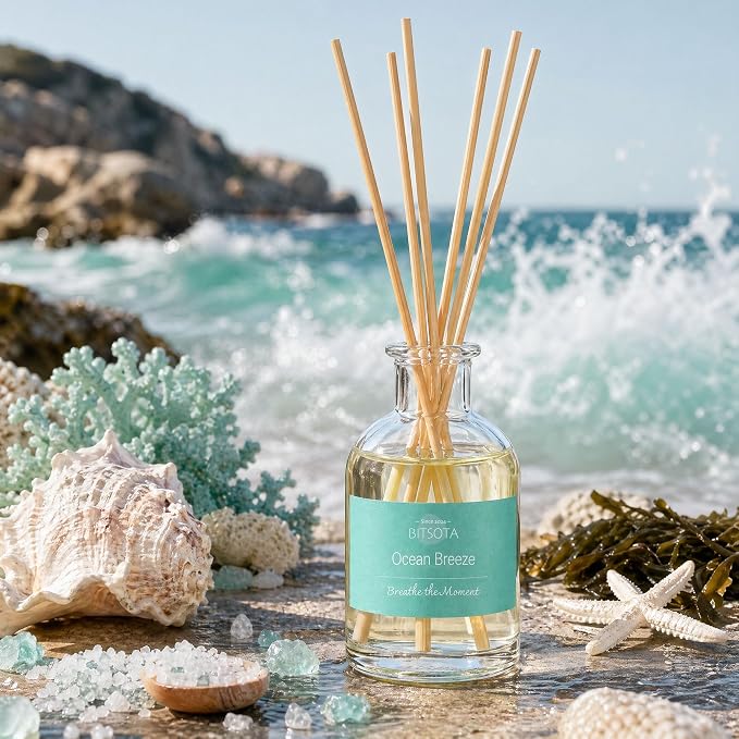 Natural Reed Diffuser Set, Ocean Breeze 3.52 oz (100ml) Scented Diffuser with Sticks Home Fragrance Reed Diffuser for Bathroom Shelf Decor, Ideal Gift for Woman