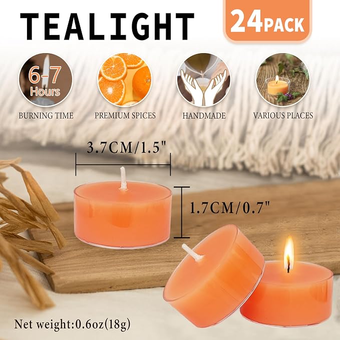 Citrus Scented Tealight Candles, Orange Scent Tea Lights Candles Clear Cup, 24 Pack Colored Tealights Candle, 6 Hour Burn Time Tea Candles for Party, Decor, Spa, Shabbat
