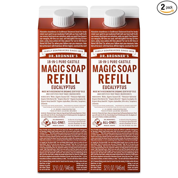 Dr. Bronner's Magic Soap-Pure-Castile Liquid Refill (Eucalyptus, 32 ounce, 2-Pack) - Regenerative Organic Certified Oils, For Body, Hair, Laundry, Pets & Dishes, Concentrated, Vegan, Non-GMO
