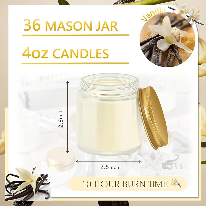 36 Pcs 4 Oz Mason Jar Candles, Vanilla Scented Soy Candles Bulk Set for Stress Relief and Relaxation, Great Favors for Wedding, Christmas, Housewarming Gifts (Gold, Vanilla, 36)