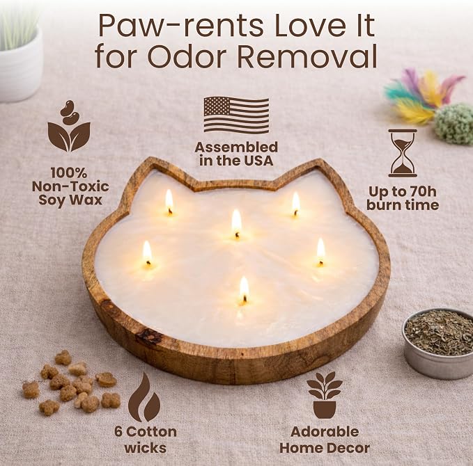Dough Bowl Candle Co. Pet Odor Eliminator for Home - 10x10 Large Cat-Shaped Odor Absorber, 6 Wick Soy Wax Scented Candles, Pet Deodorizer Aromatherapy Candle with 70H Burn Time for Cat or Dog Smell
